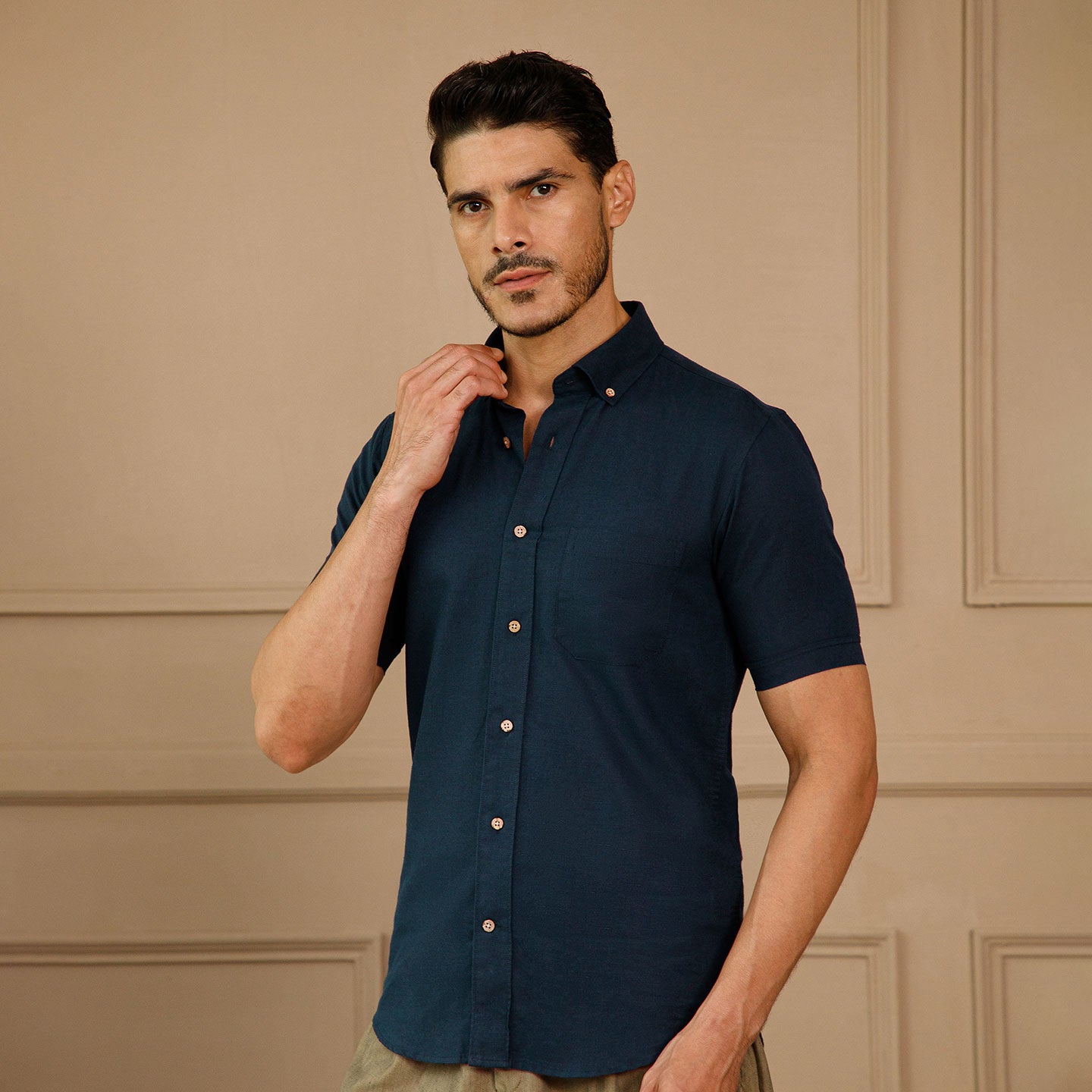 Breeze Linen Half Sleeves Shirt in Navy Saphire