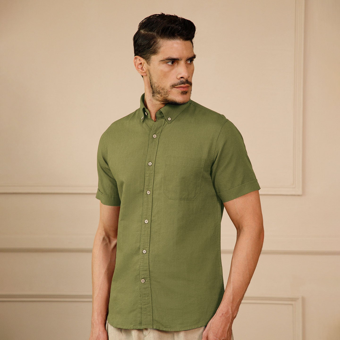 Breeze Linen Half Sleeves Shirt In Forest Green