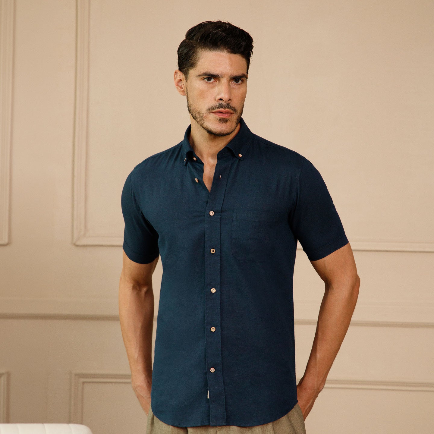 Breeze Linen Half Sleeves Shirt in Navy Saphire