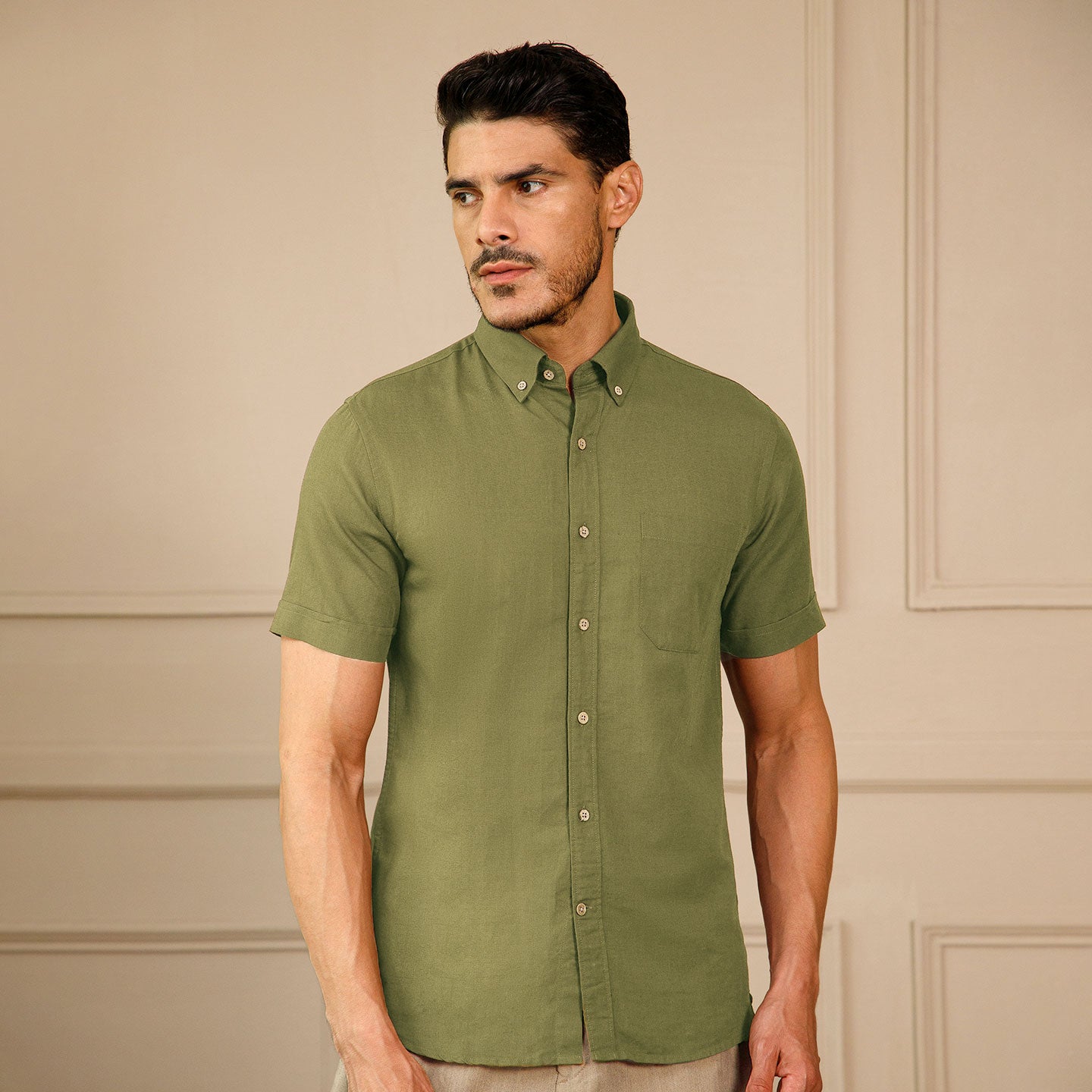 Breeze Linen Half Sleeves Shirt In Forest Green