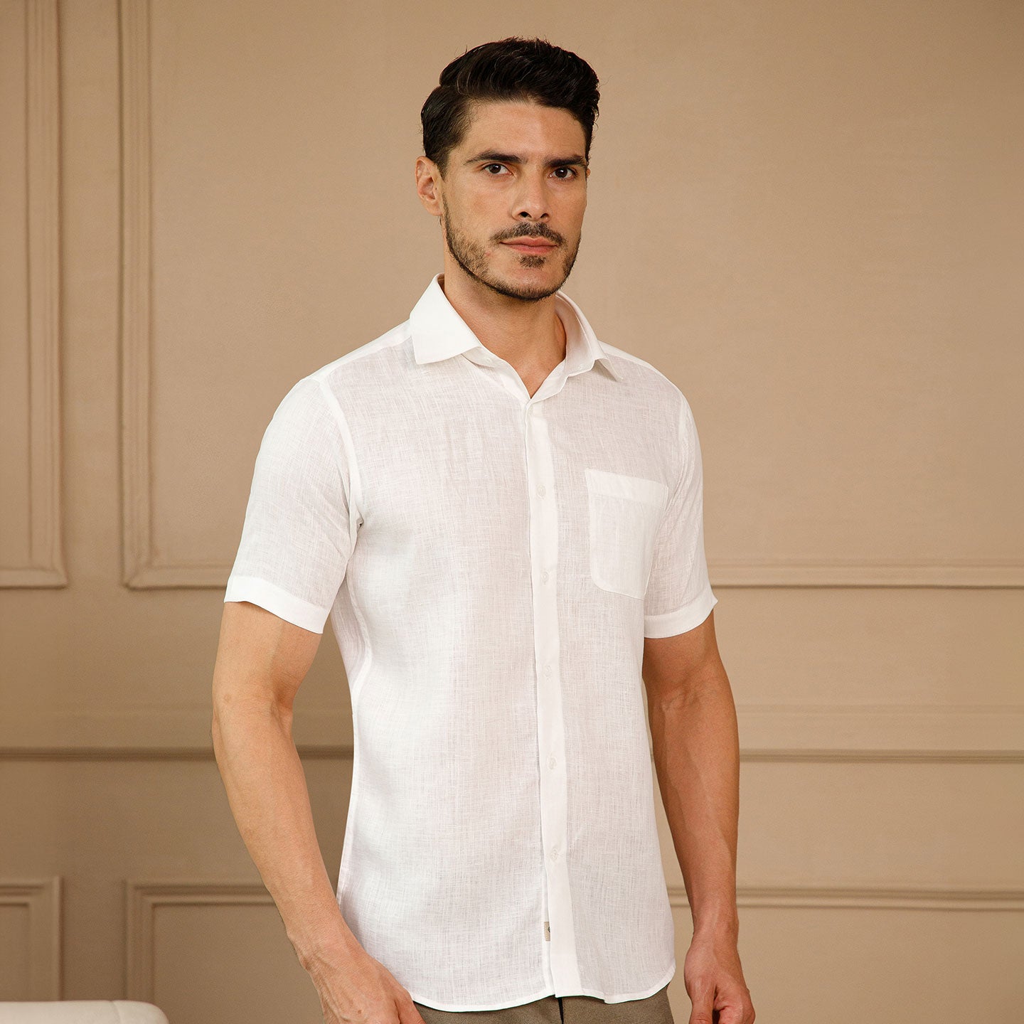 Cedar Pure Linen Half Sleeves Shirt In Snowflake