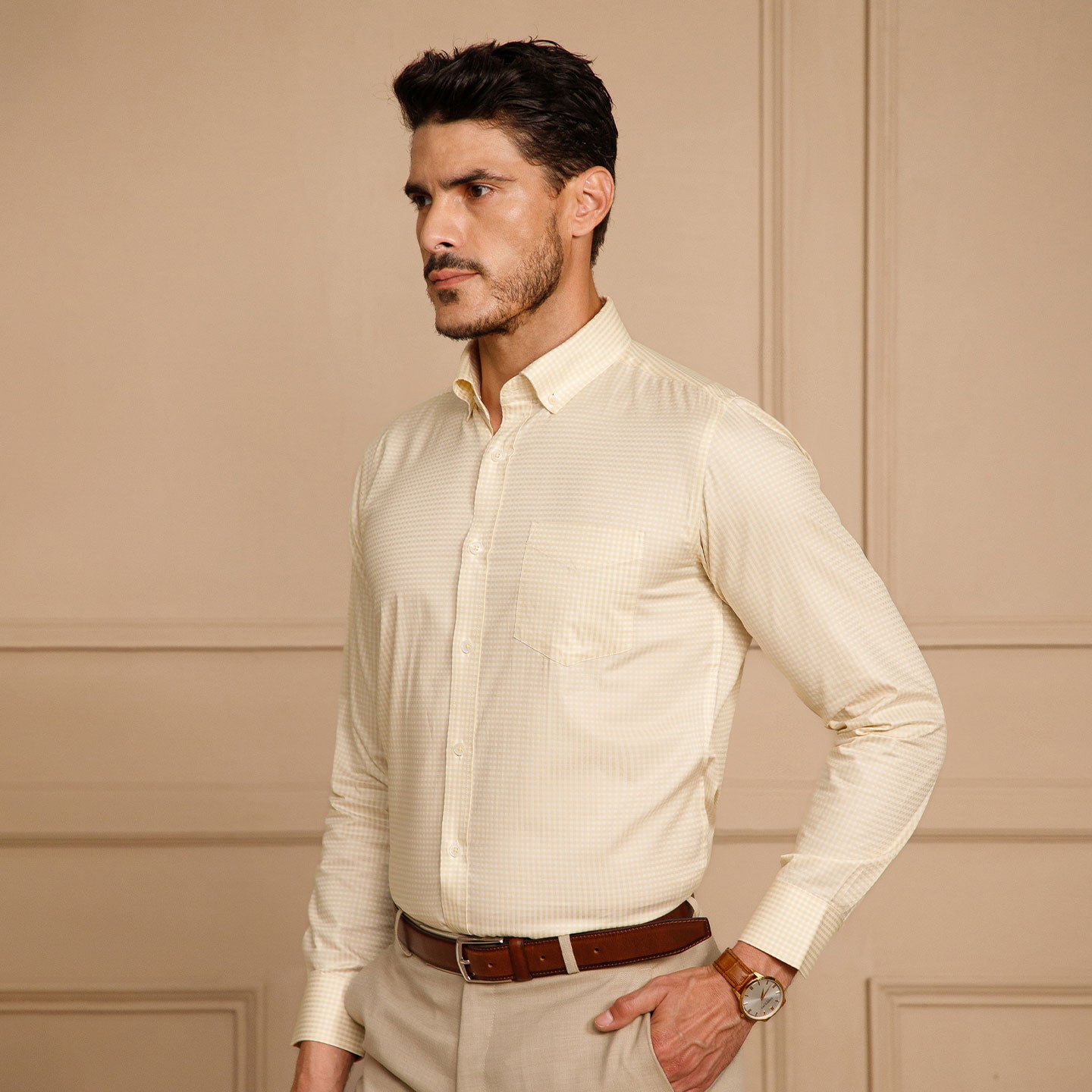 Gingham 2 Ply Check Shirt In Ochre