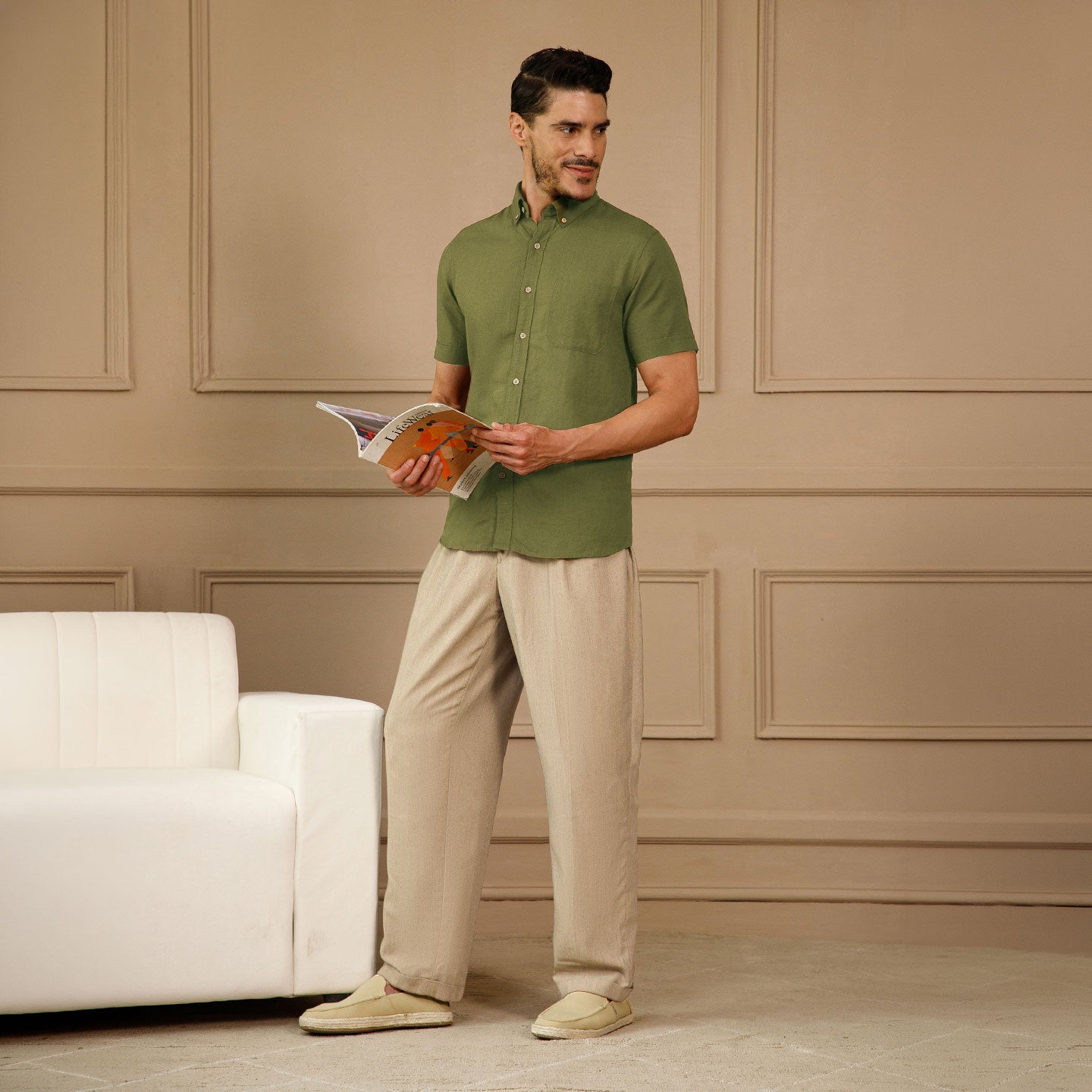 Breeze Linen Half Sleeves Shirt In Forest Green