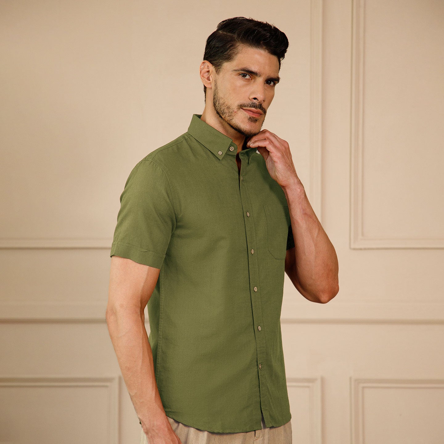 Breeze Linen Half Sleeves Shirt In Forest Green