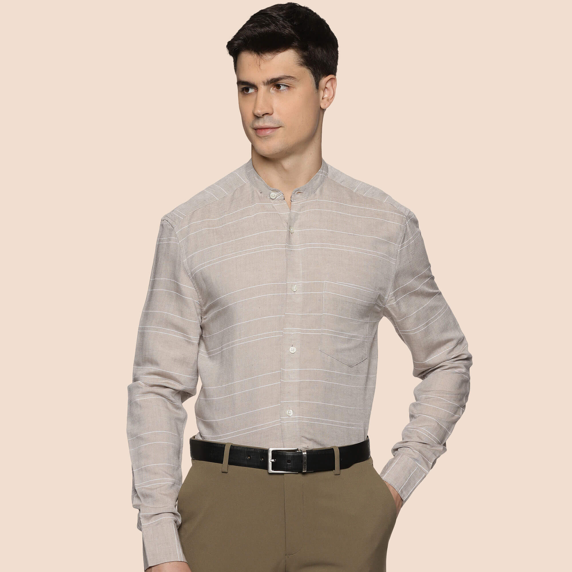 Skyline Stripes Mandarin Shirt In Grey