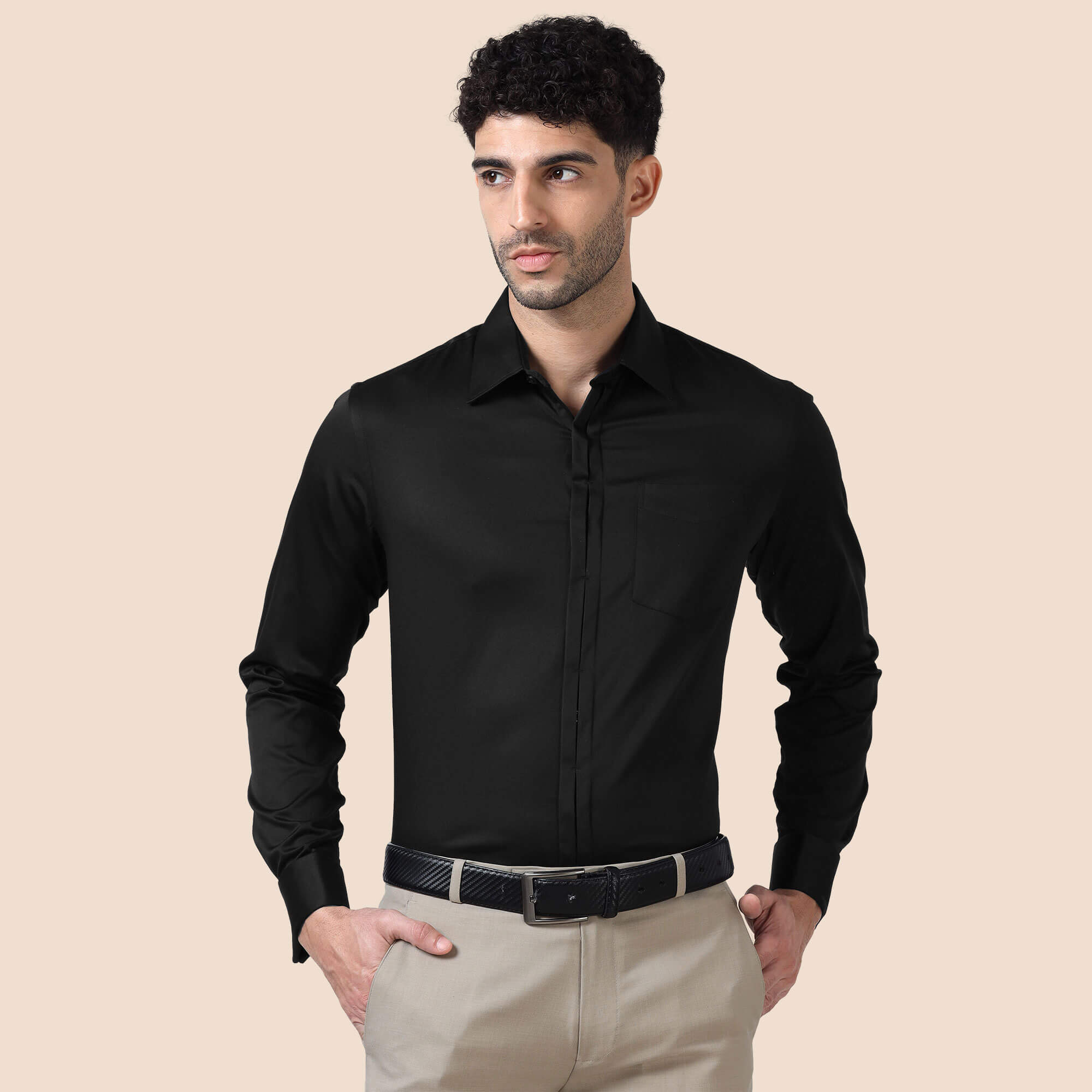 Keneth Black Shirt with Signature Concealed Placket & French Cuff