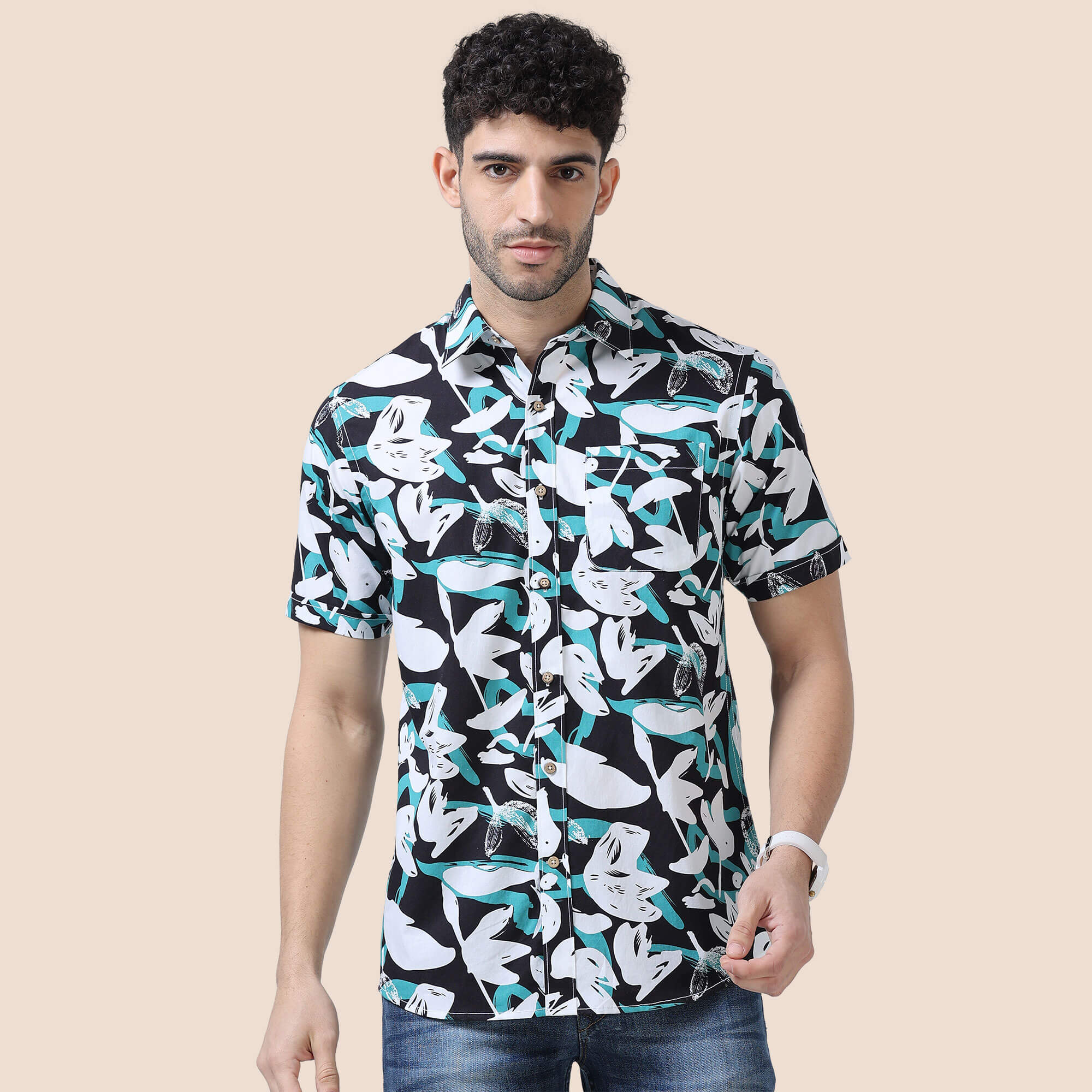 Ashley teal black abstract cotton shirt by TFC