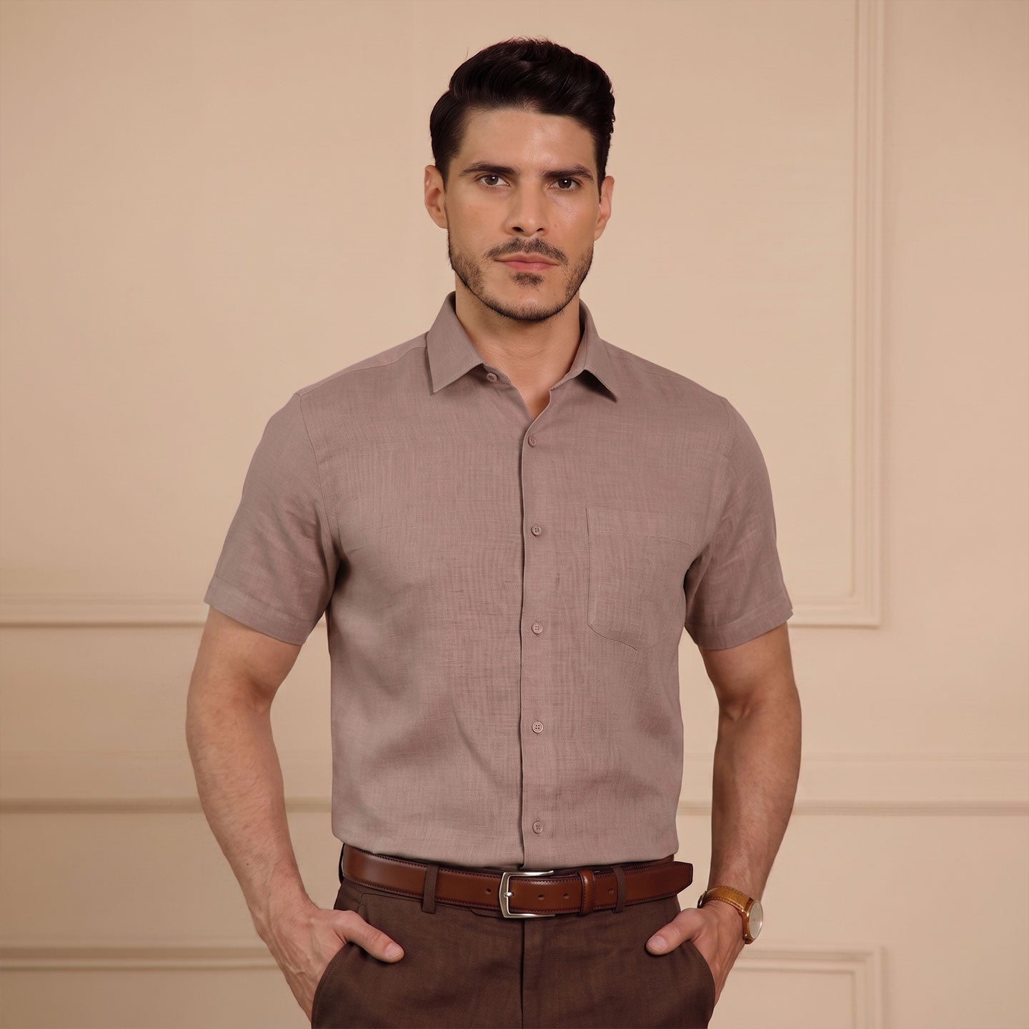 Cedar Pure Linen Half Sleeves Shirt In Blush Rose