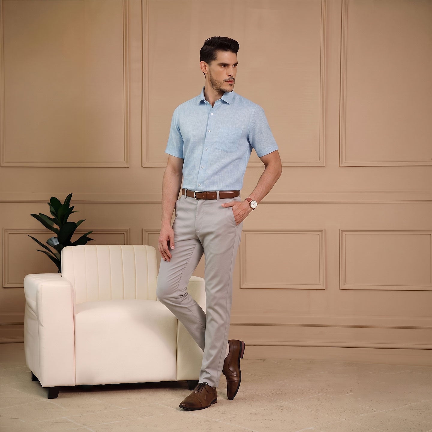 Cedar Pure Linen Half Sleeves Shirt In Cloud Blue
