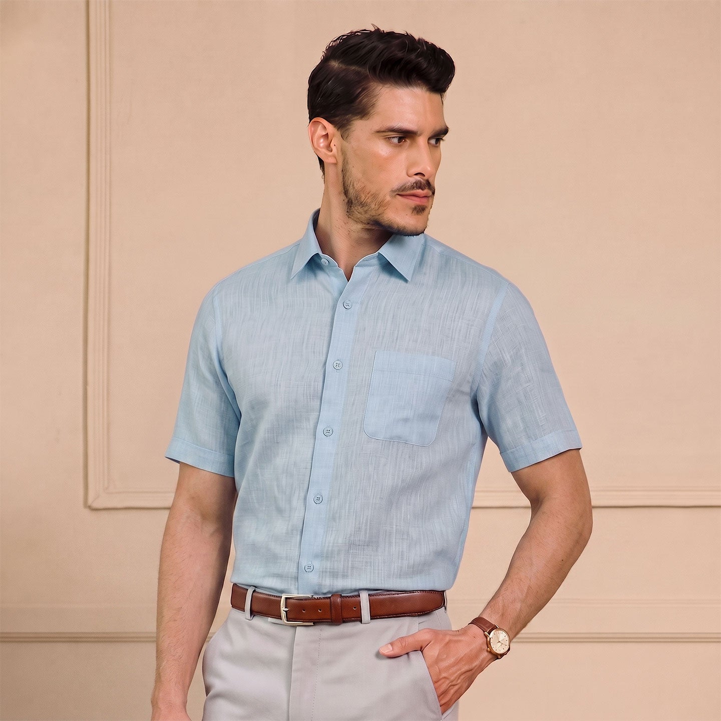 Cedar Pure Linen Half Sleeves Shirt In Cloud Blue
