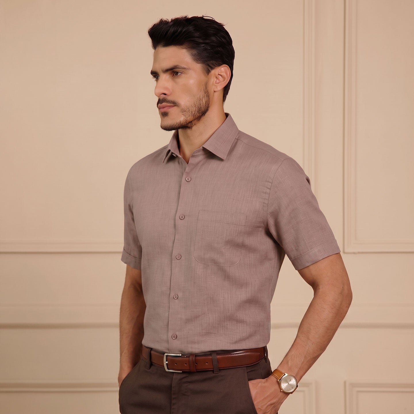 Cedar Pure Linen Half Sleeves Shirt In Blush Rose