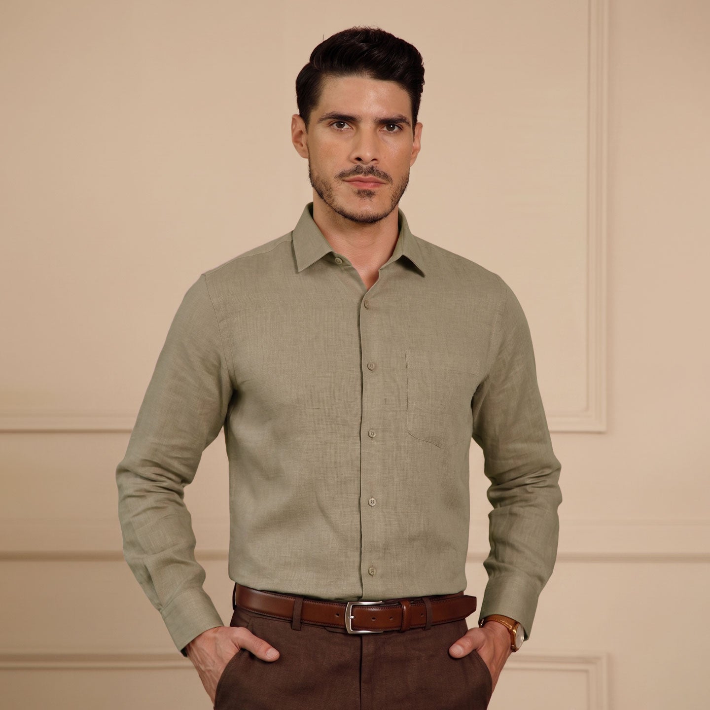 Cedar Pure Linen Full Sleeves Shirt In Caramel