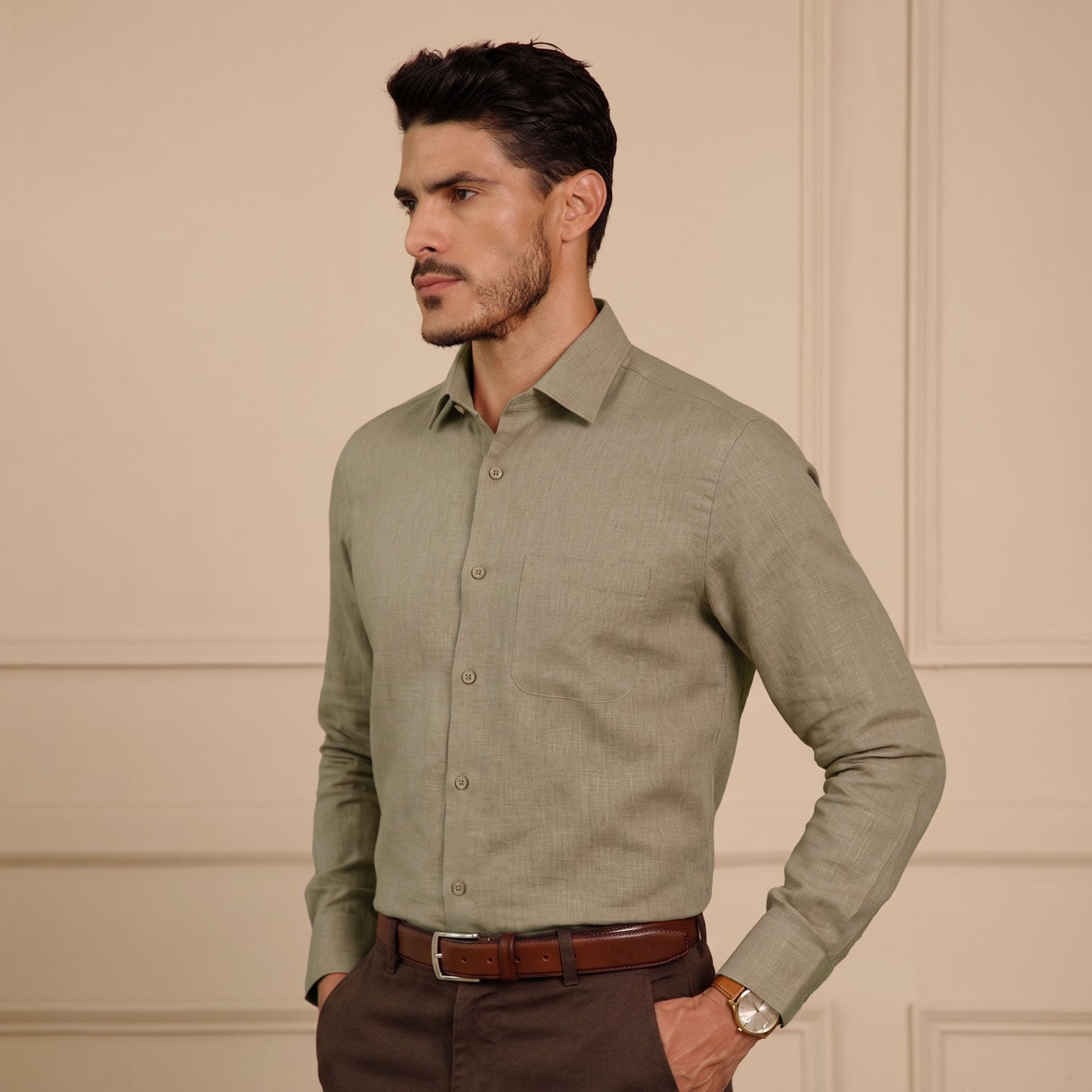 Cedar Pure Linen Full Sleeves Shirt In Caramel
