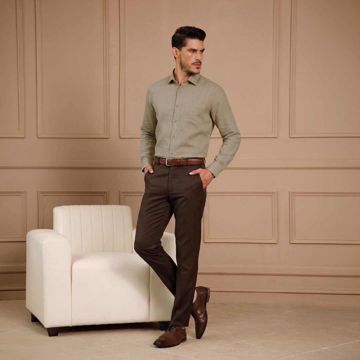 Cedar Pure Linen Full Sleeves Shirt In Caramel