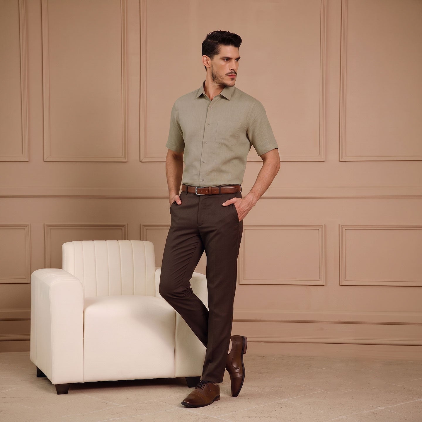 Cedar Pure Linen Half Sleeves Shirt In Latte