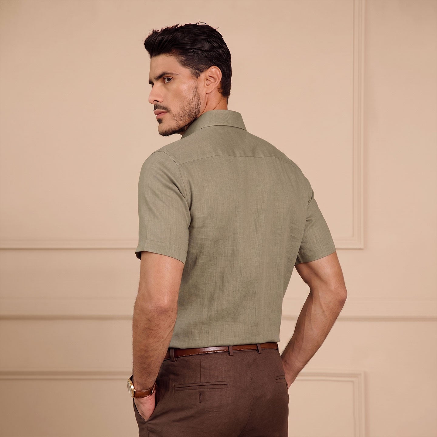Cedar Pure Linen Half Sleeves Shirt In Latte