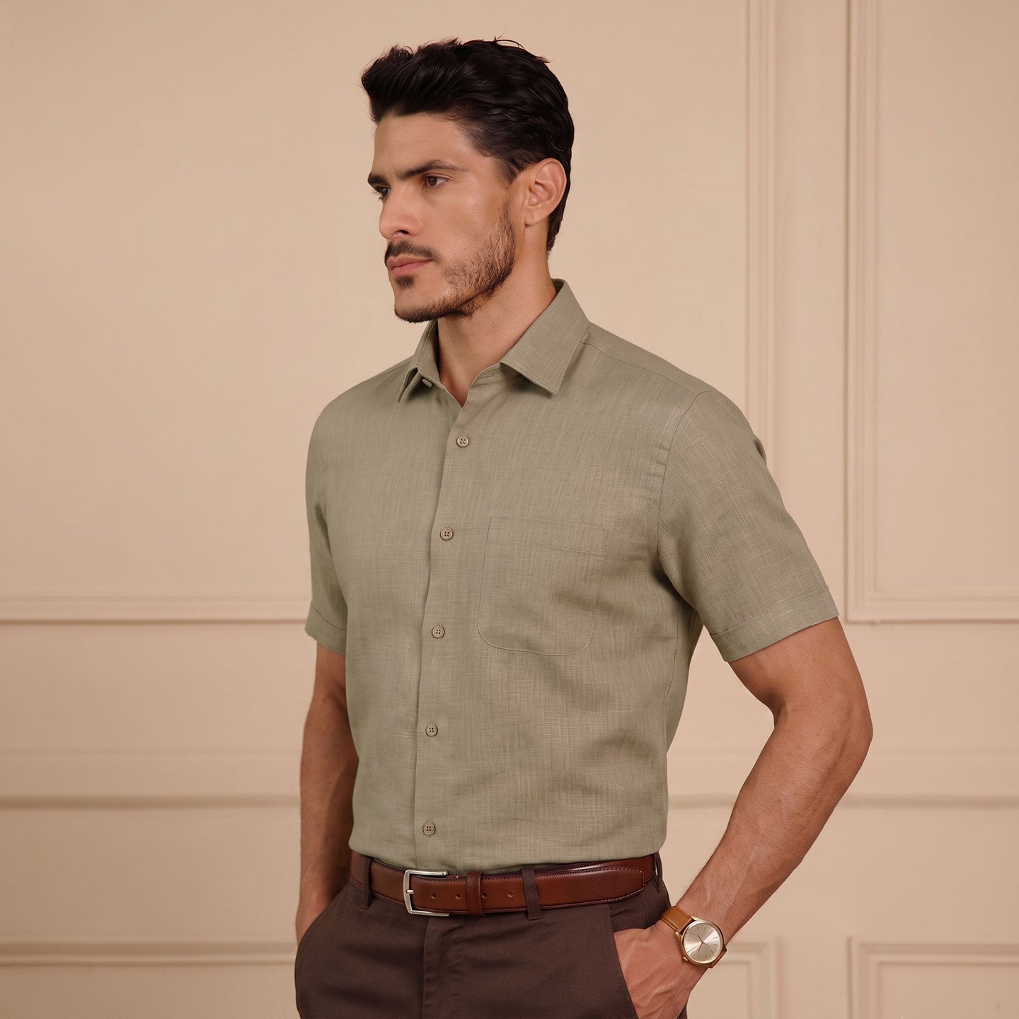Cedar Pure Linen Half Sleeves Shirt In Latte