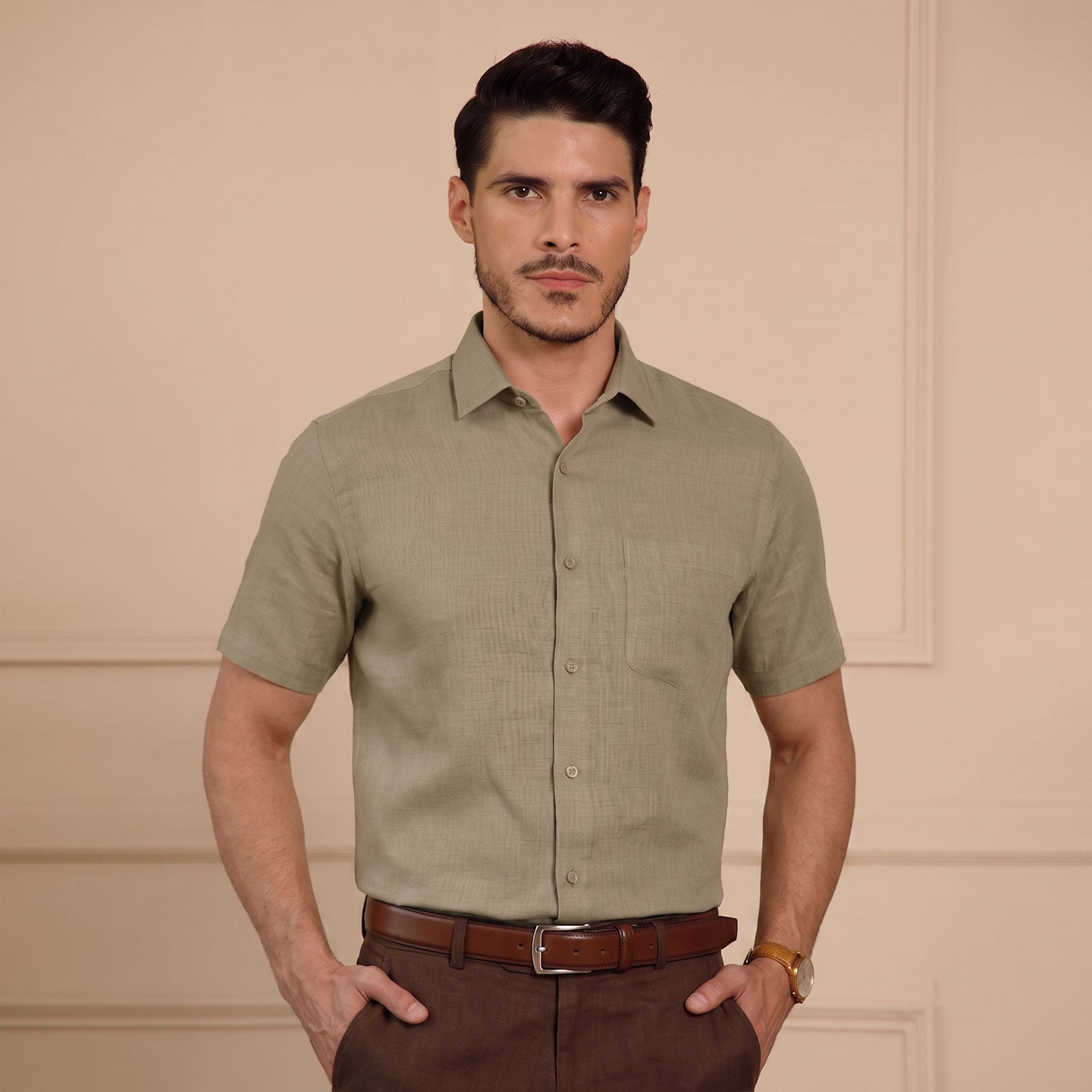 Cedar Pure Linen Half Sleeves Shirt In Latte