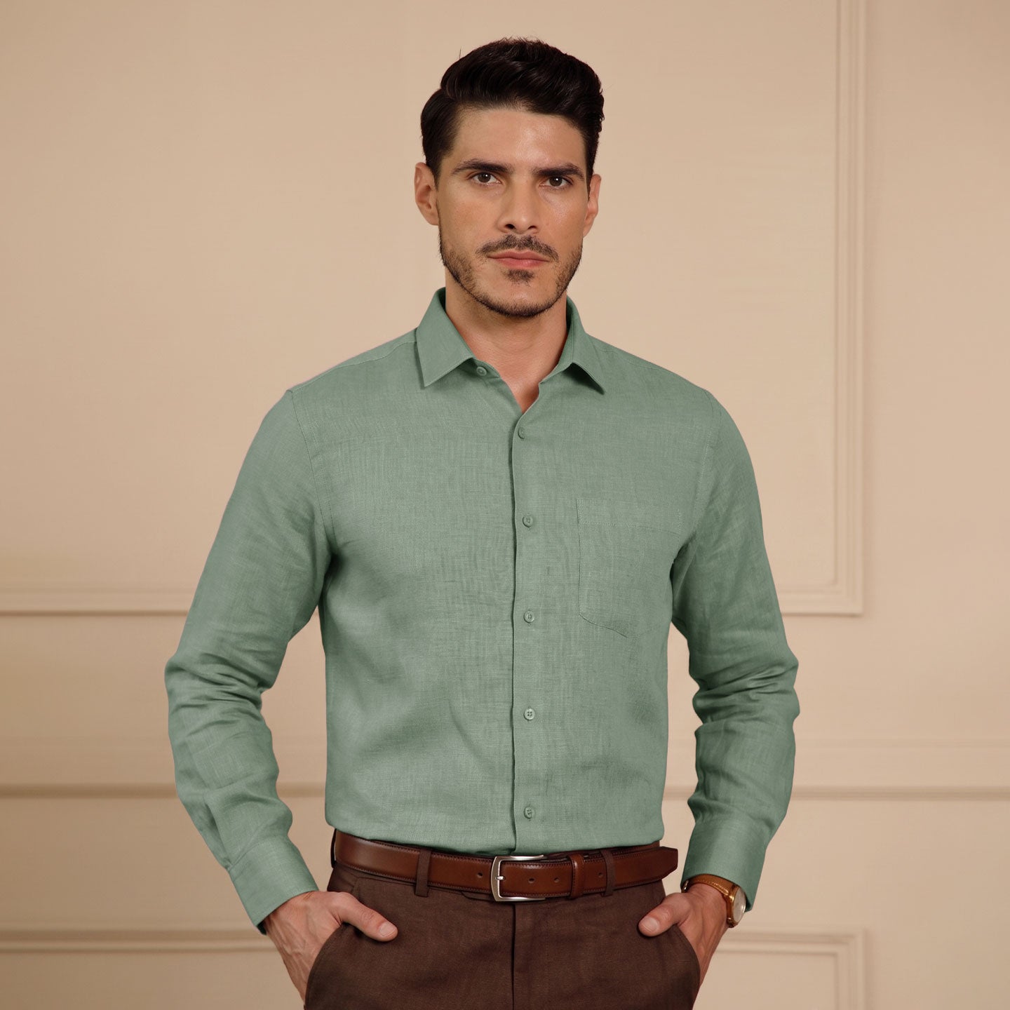 Cedar Pure Linen Full Sleeves Shirt In Moss Green