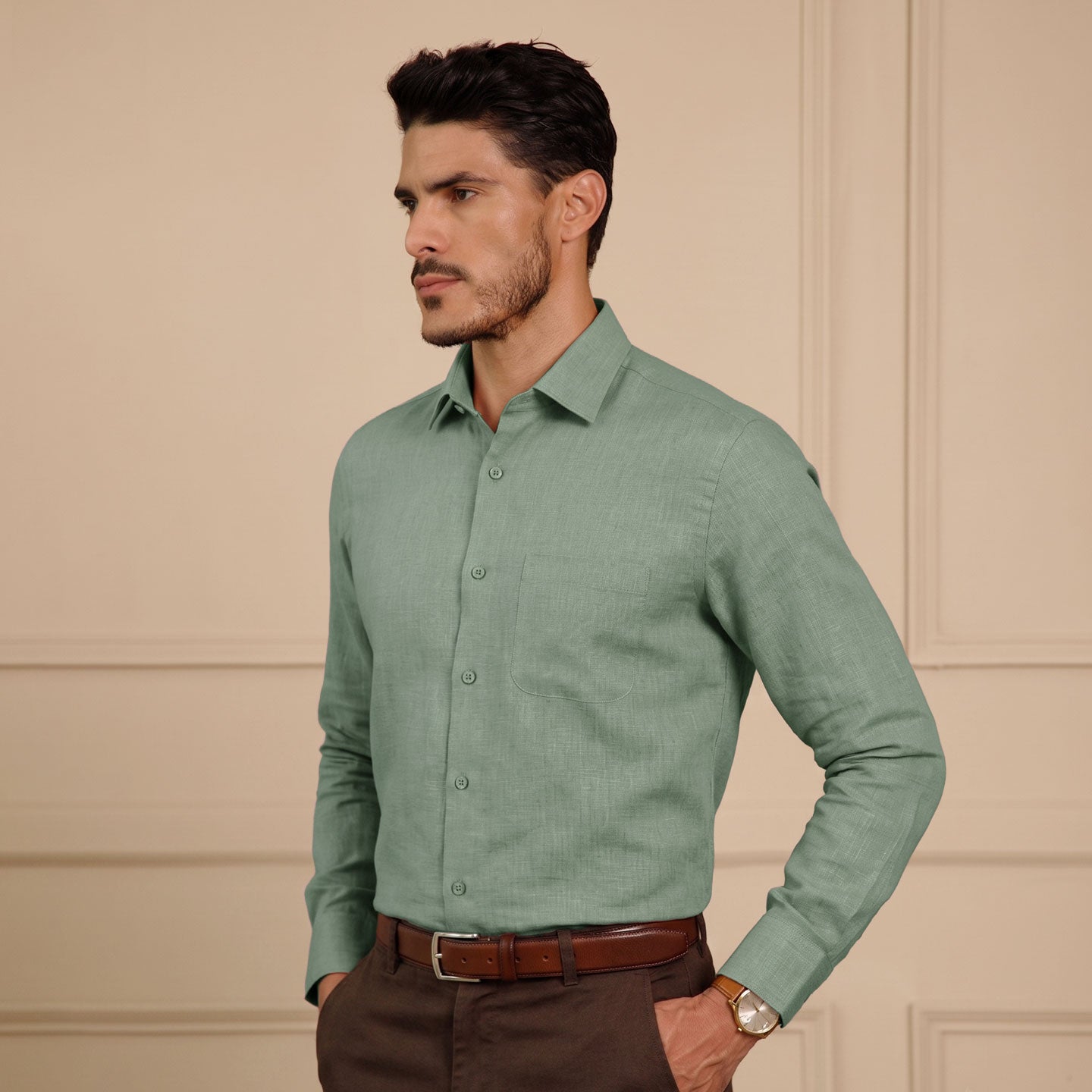 Cedar Pure Linen Full Sleeves Shirt In Moss Green
