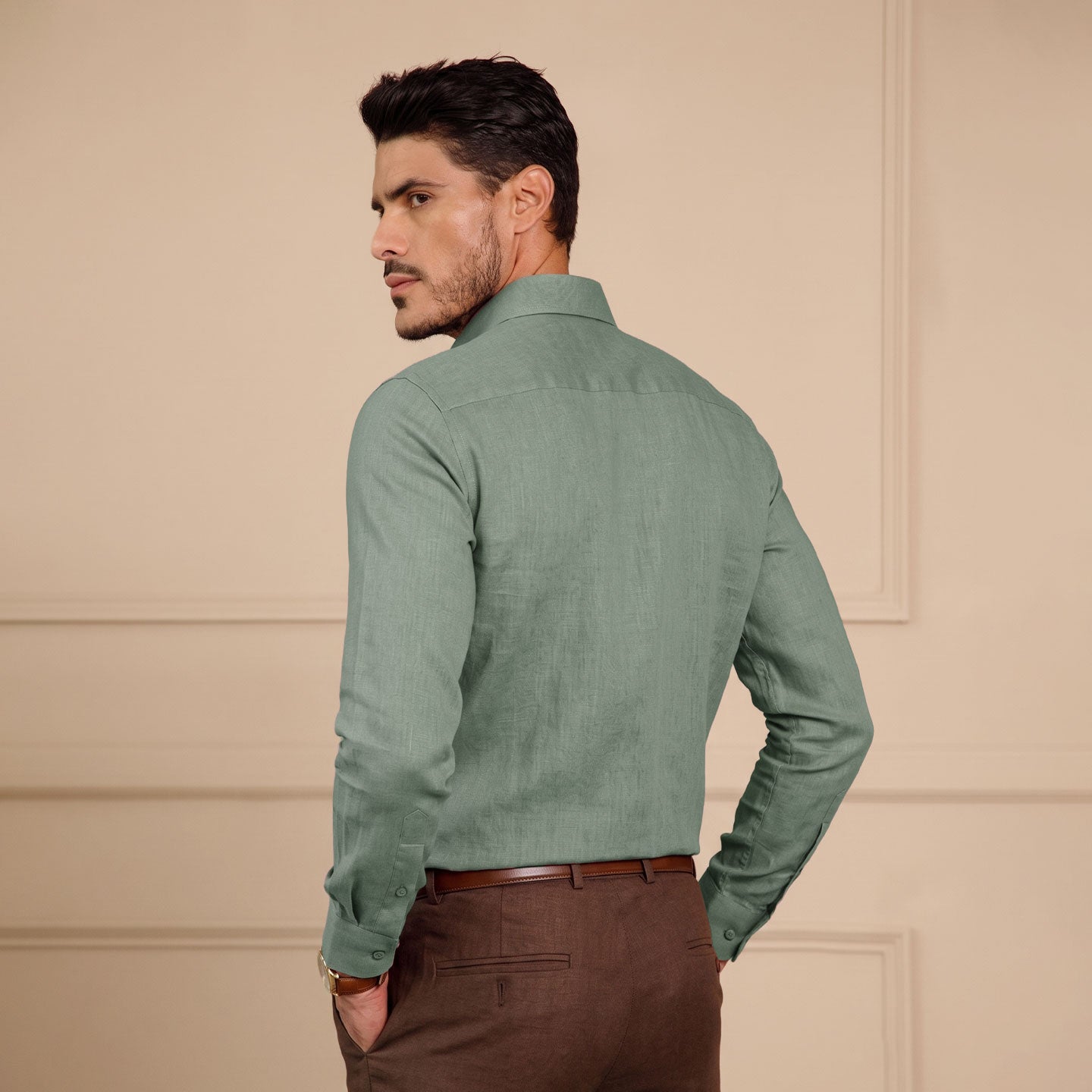 Cedar Pure Linen Full Sleeves Shirt In Moss Green