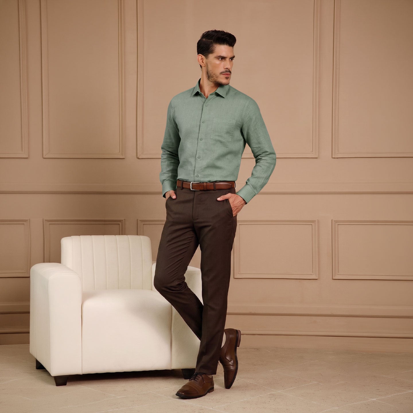 Cedar Pure Linen Full Sleeves Shirt In Moss Green