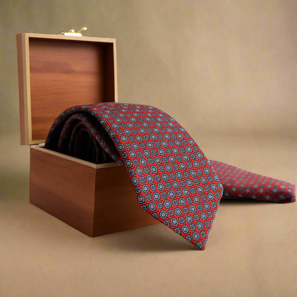 Monarch Geometric Handmade Tie & Pocket Square in Red & Blue