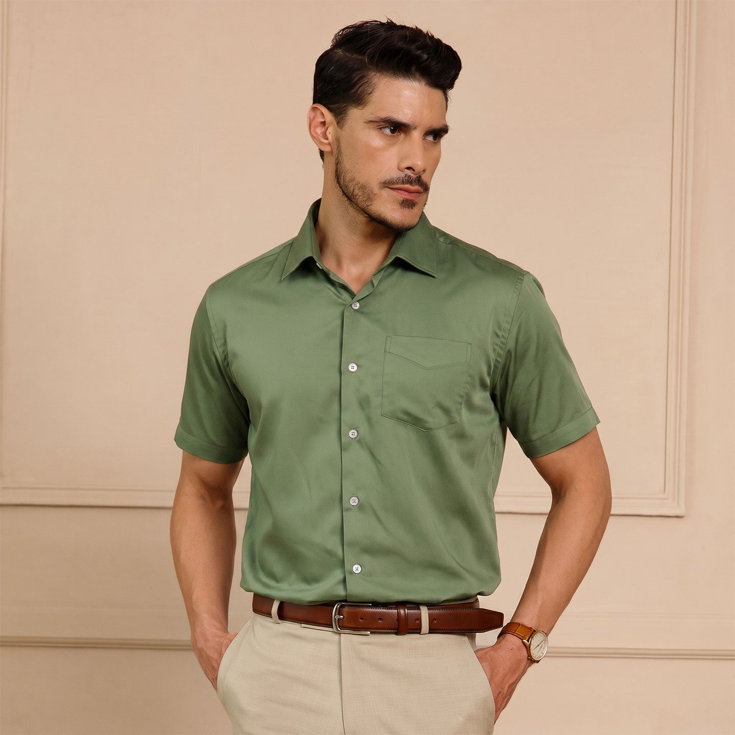 Ashley Half Sleeves Giza Cotton Shirt In Grass Green