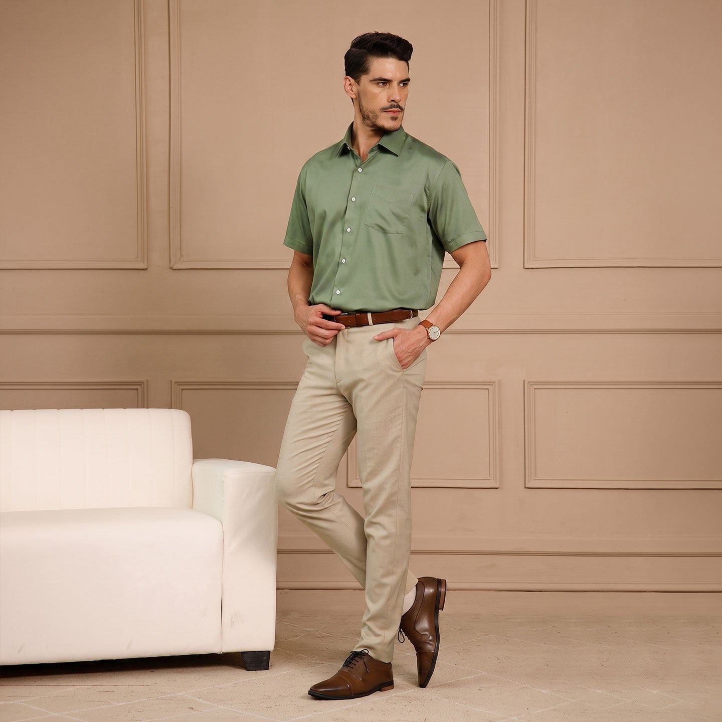 Ashley Half Sleeves Giza Cotton Shirt In Grass Green