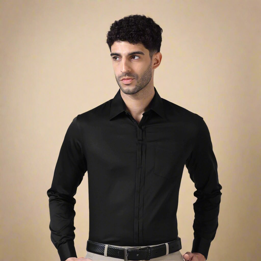 Keneth Black Shirt with Signature Concealed Placket & French Cuff