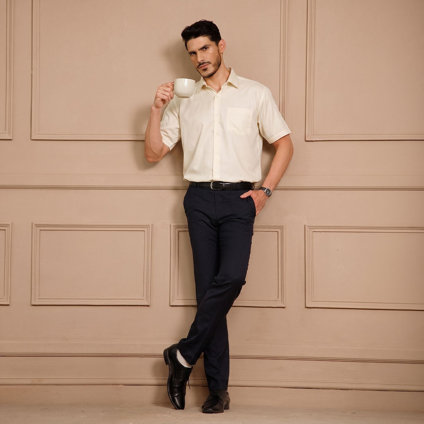 Ashley Half Sleeves Giza Cotton Shirt In Vanilla