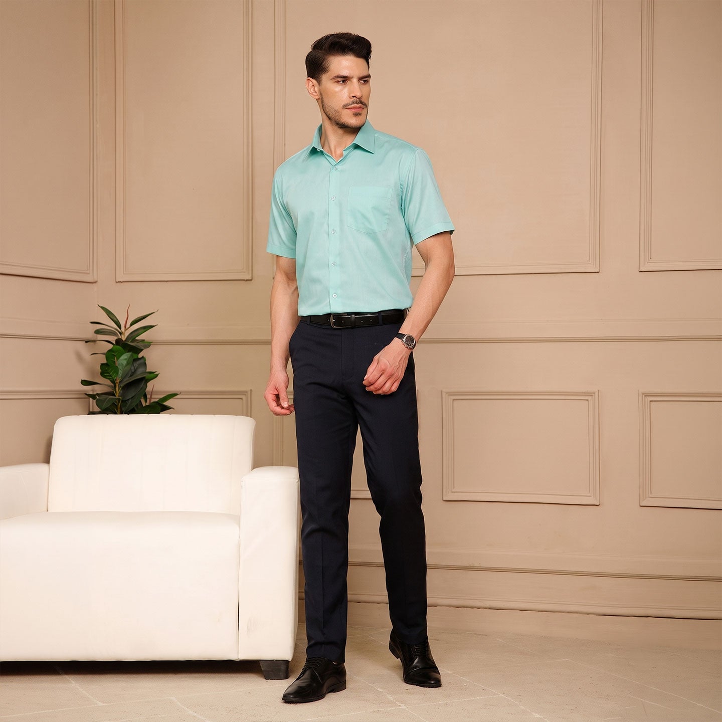 Ashley Half Sleeves Giza Cotton Shirt In Fresh Aqua