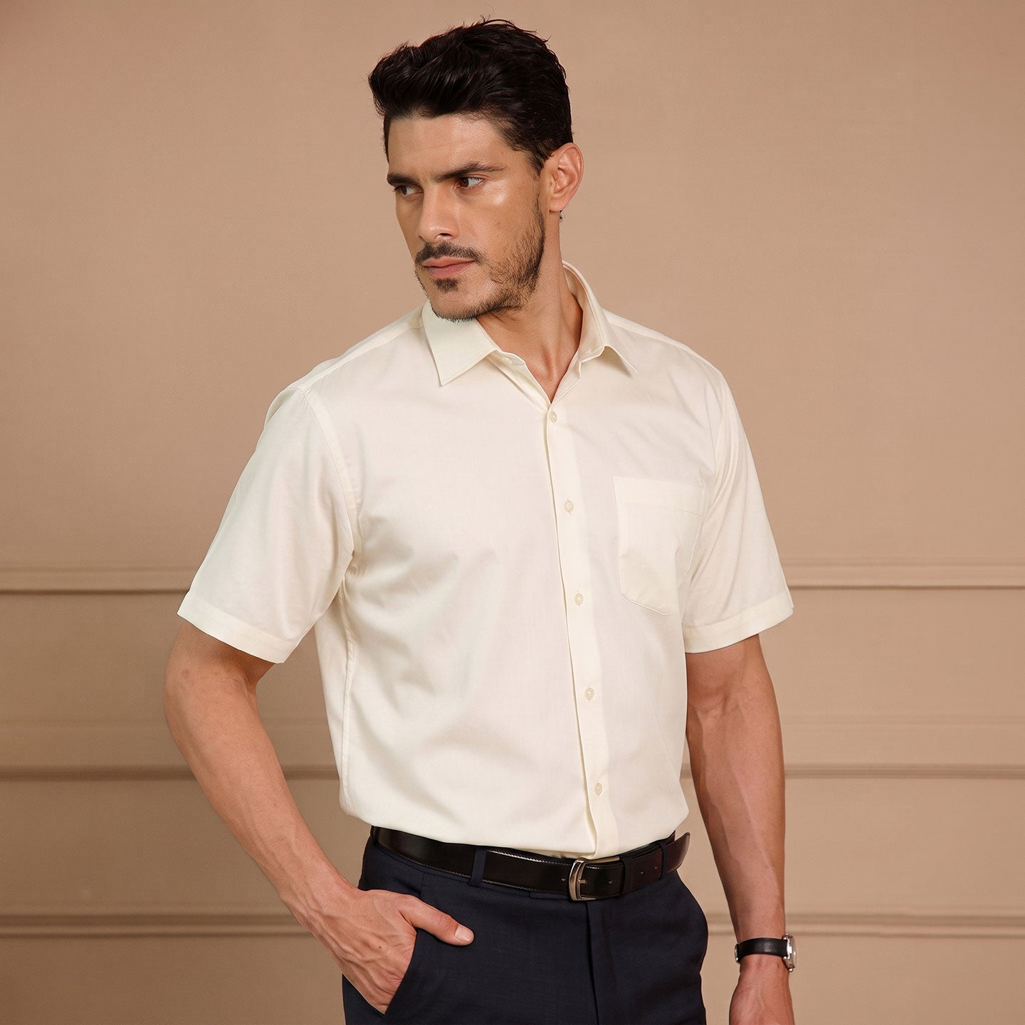 Ashley Half Sleeves Giza Cotton Shirt In Vanilla