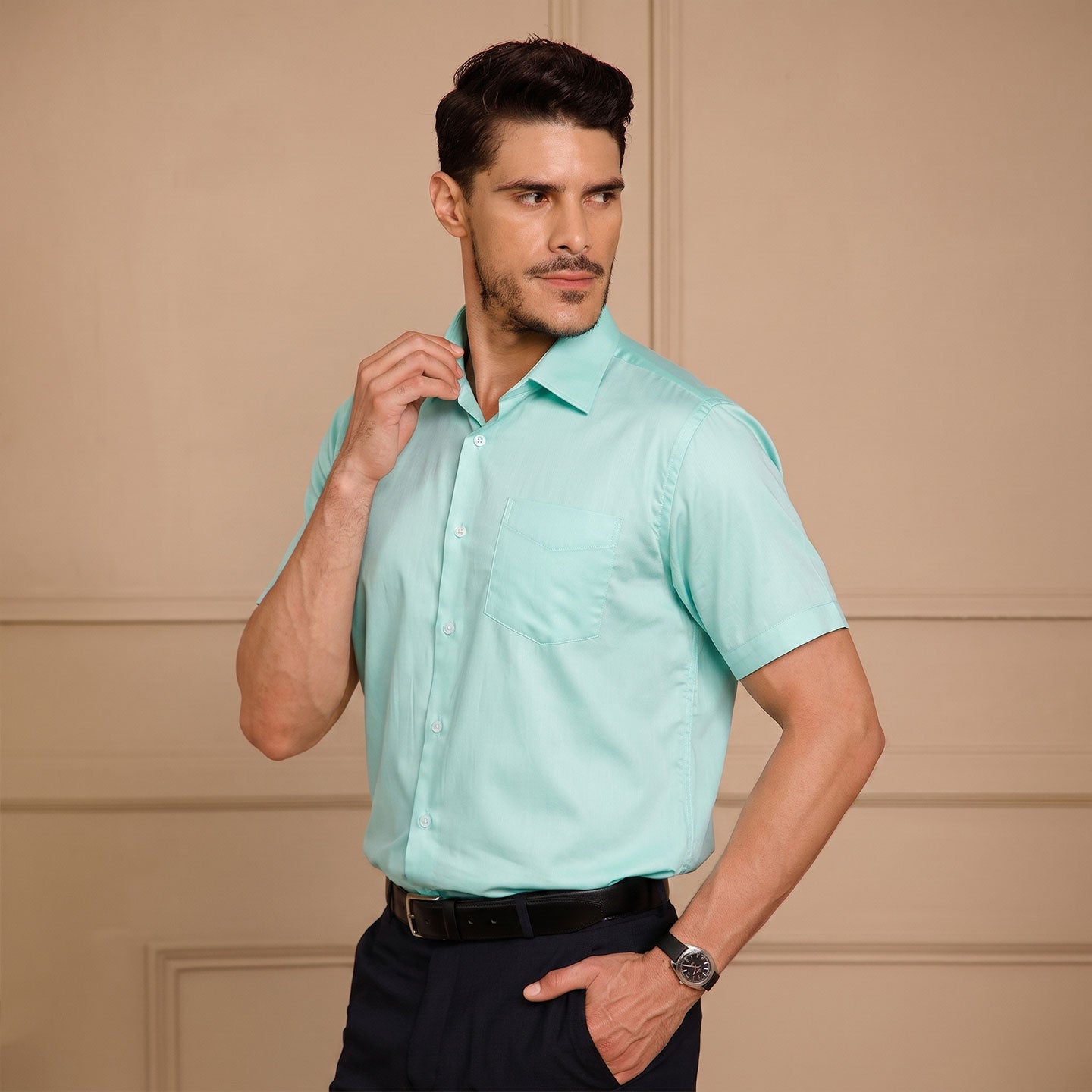 Ashley Half Sleeves Giza Cotton Shirt In Fresh Aqua