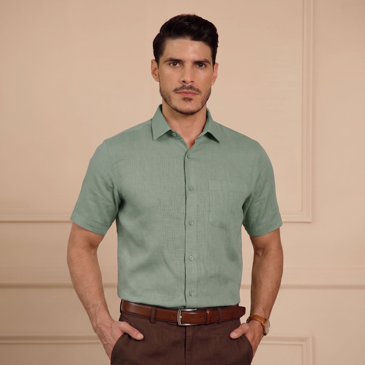 Cedar Pure Linen Half Sleeves Shirt In Sage Green