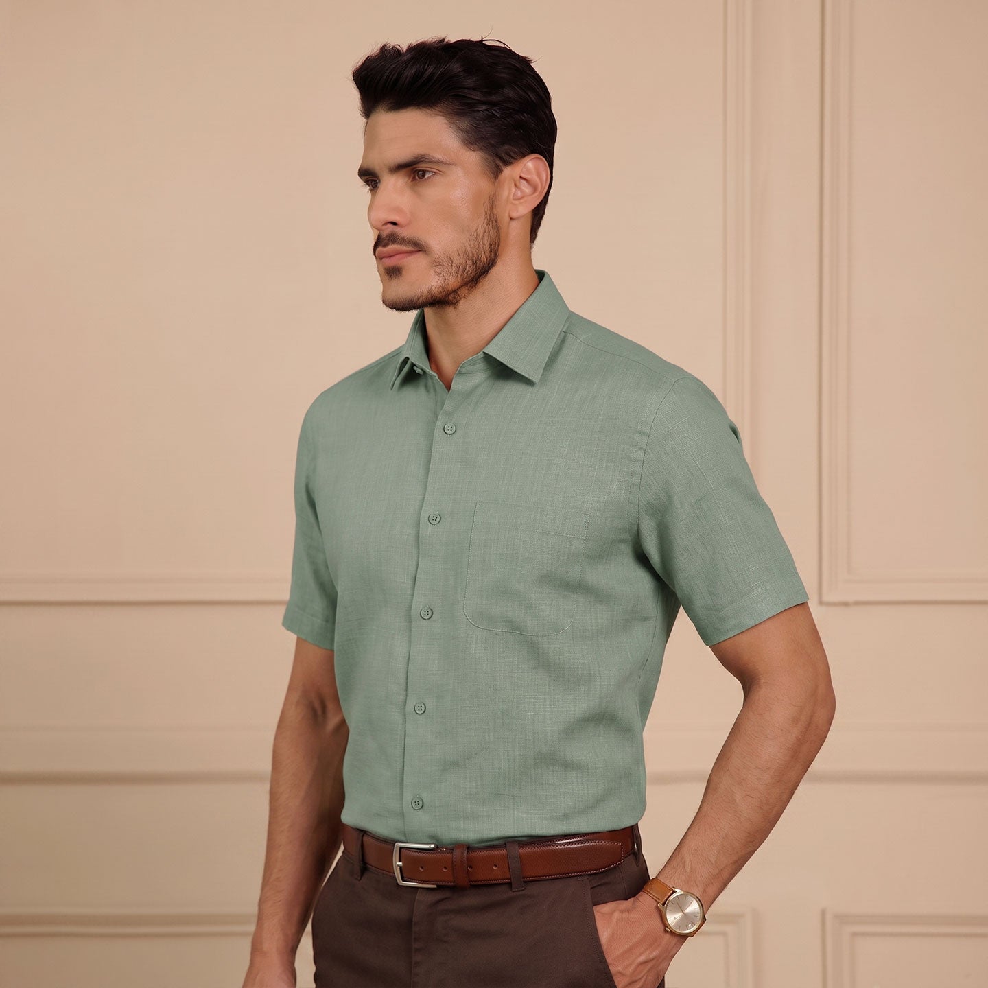 Cedar Pure Linen Half Sleeves Shirt In Sage Green