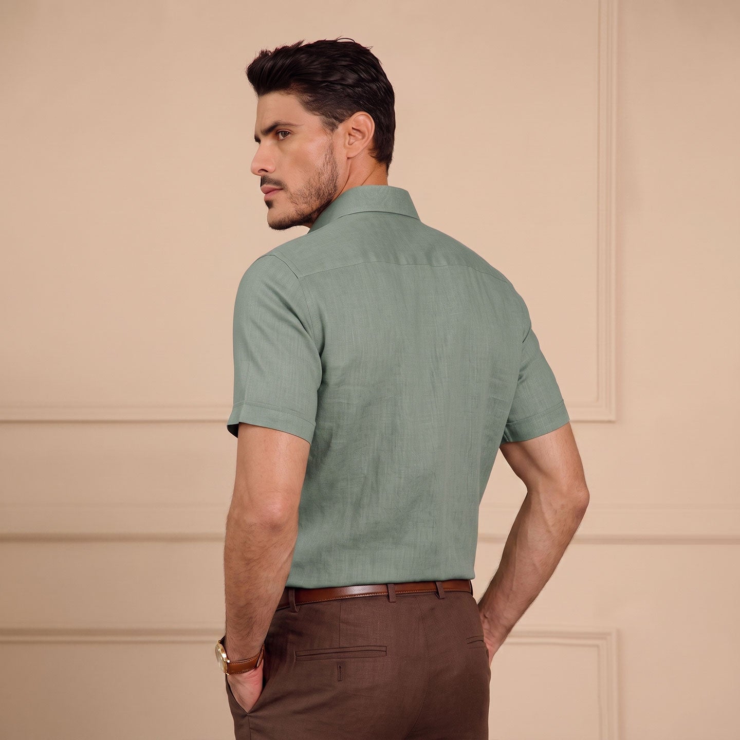 Cedar Pure Linen Half Sleeves Shirt In Sage Green